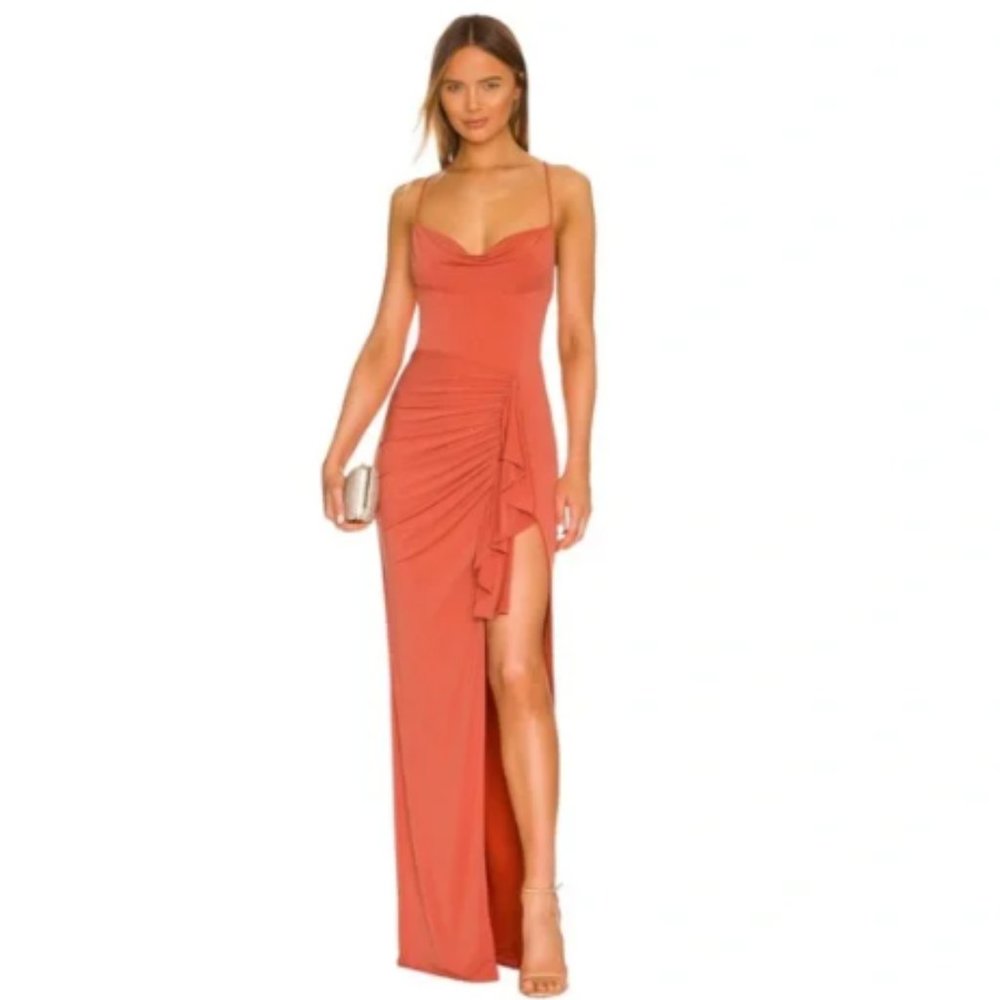 Katie May So Juicy Gown Strappy Open Back Maxi Dress Thigh High Slit in Rust